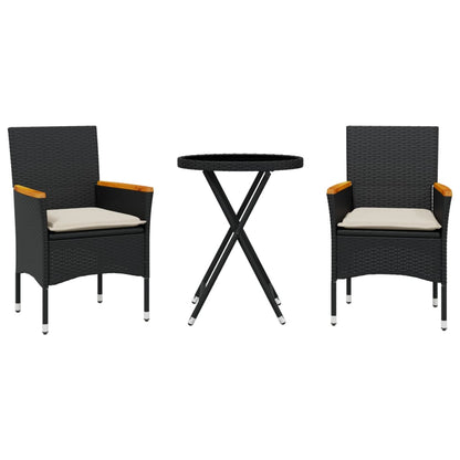 Set da BistrÃƒÂ² 3 pz con Cuscini Nero Polyrattan e Vetro