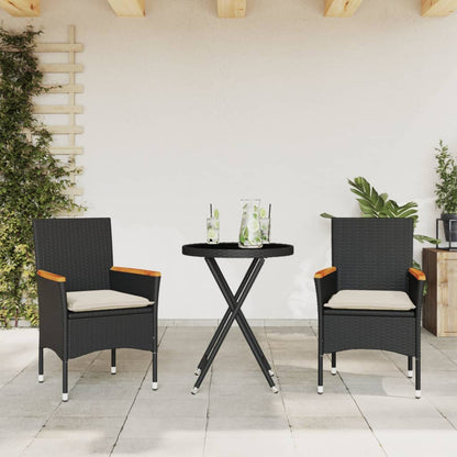 Set da BistrÃƒÂ² 3 pz con Cuscini Nero Polyrattan e Vetro