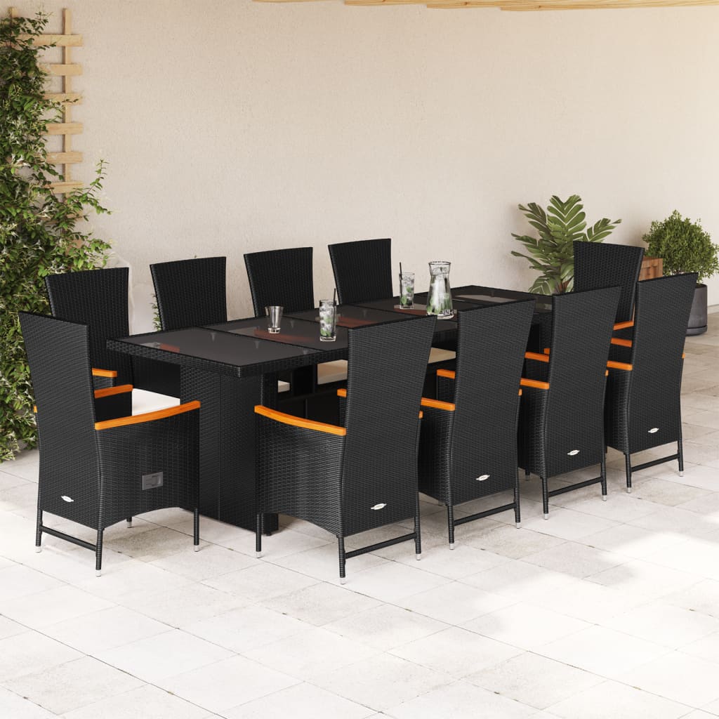 Set da Pranzo da Giardino 11 pz con Cuscini in Polyrattan Nero