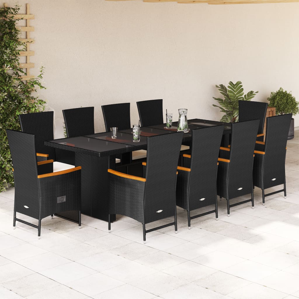 Set da Pranzo da Giardino 11 pz con Cuscini in Polyrattan Nero