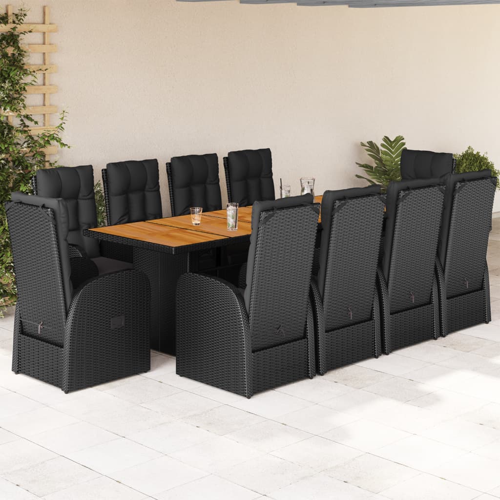 Set da Pranzo da Giardino 11 pz con Cuscini in Polyrattan Nero
