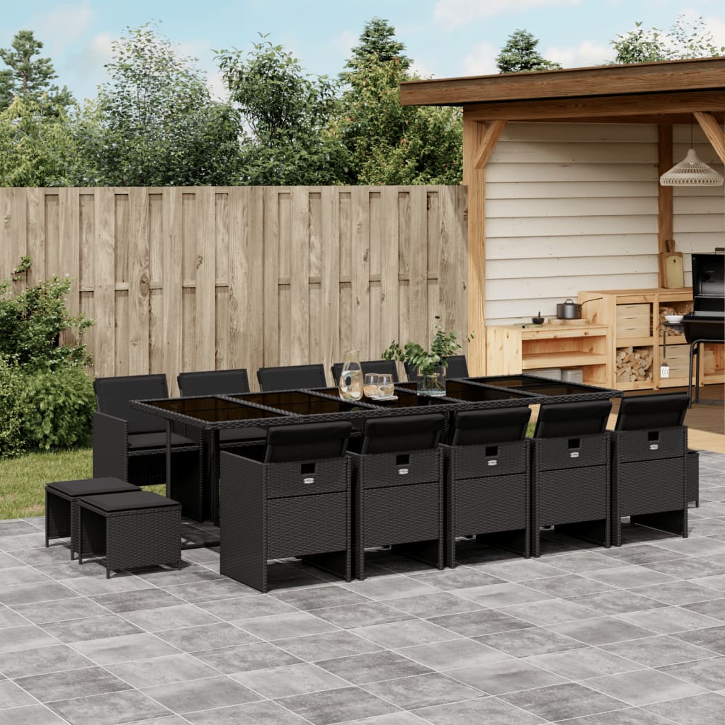 Set da Pranzo da Giardino 15 pz con Cuscini Nero in Polyrattan
