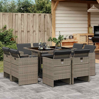 Set da Pranzo da Giardino 9 pz con Cuscini in Polyrattan Grigio