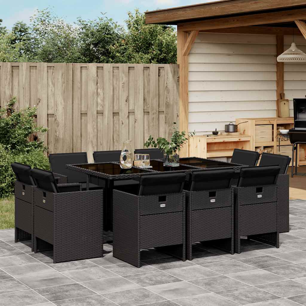 Set da Pranzo da Giardino 11 pz con Cuscini in Polyrattan Nero