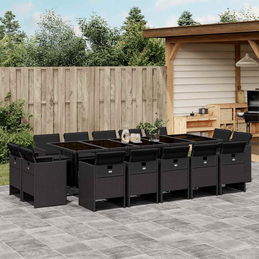 Set da Pranzo da Giardino 15 pz con Cuscini Nero in Polyrattan