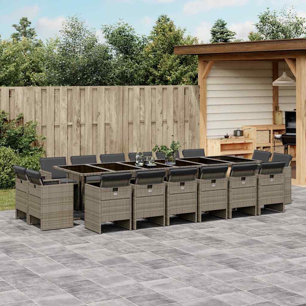 Set da Pranzo da Giardino 17pz con Cuscini Grigio in Polyrattan