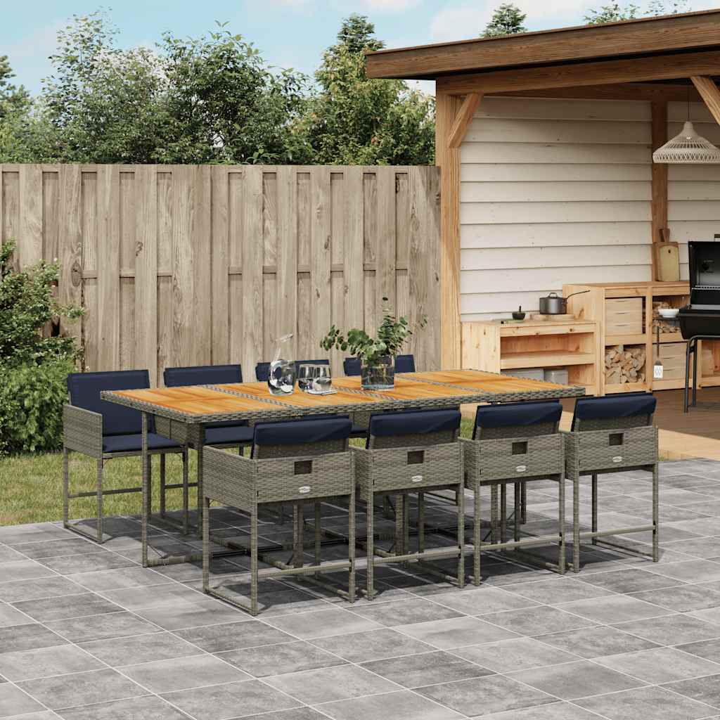 Set da Pranzo da Giardino 9 pz con Cuscini in Polyrattan Grigio