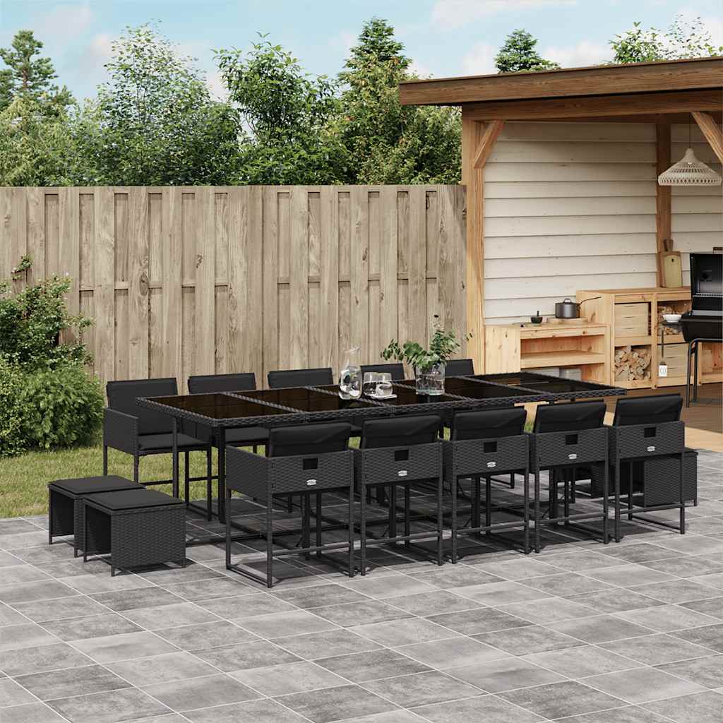 Set da Pranzo da Giardino 15 pz con Cuscini Nero in Polyrattan