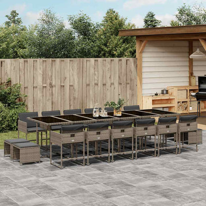 Set da Pranzo da Giardino 17pz con Cuscini Grigio in Polyrattan