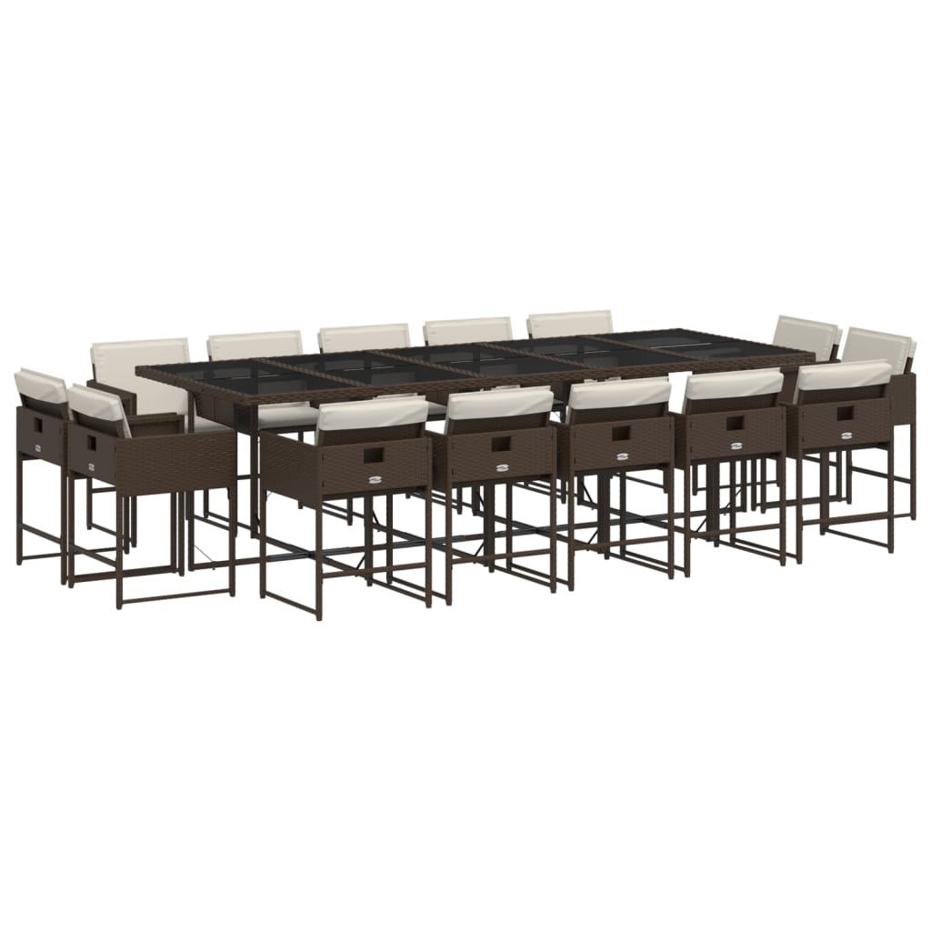 Set da Pranzo da Giardino 15 pz con Cuscini Marrone Polyrattan