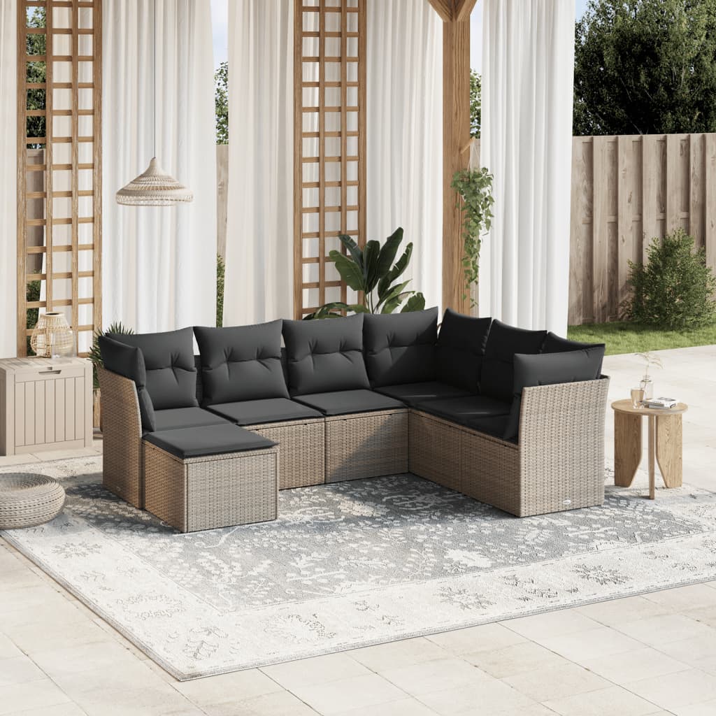 Set Divani da Giardino 7pz con Cuscini Grigio Chiaro Polyrattan