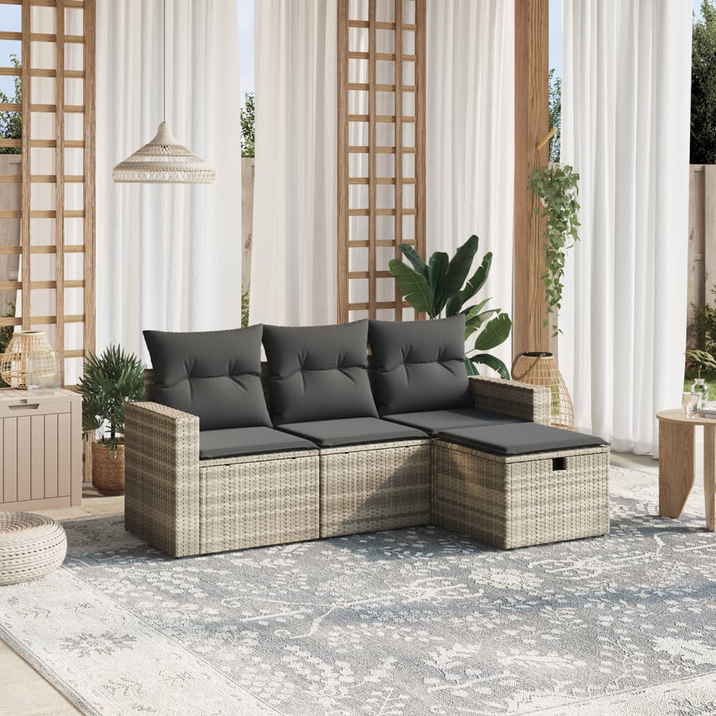 Set Divano da Giardino 4pz con Cuscini Grigio Chiaro Polyrattan