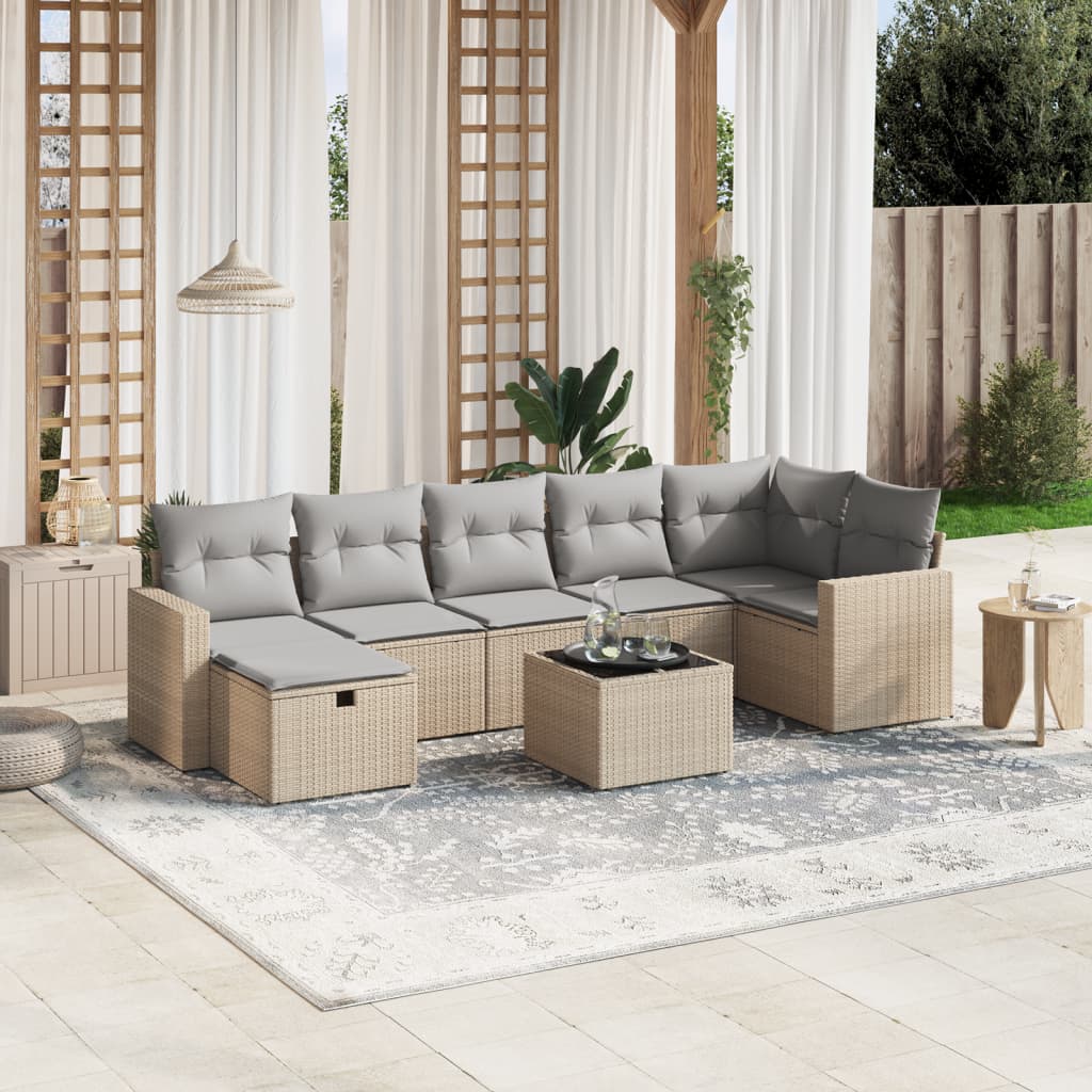 Set Divano da Giardino 8 pz con Cuscini Beige Misto Polyrattan
