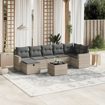 Set Divano da Giardino 8pz con Cuscini Grigio Chiaro Polyrattan