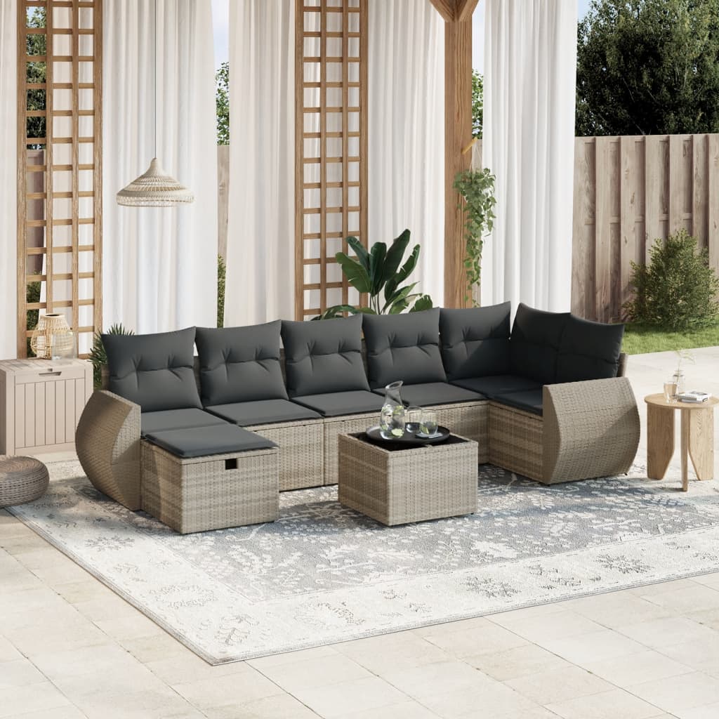 Set Divano da Giardino 8pz con Cuscini Grigio Chiaro Polyrattan