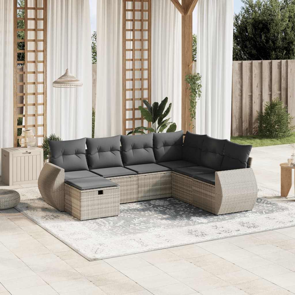 Set Divani da Giardino 7pz con Cuscini Grigio Chiaro Polyrattan