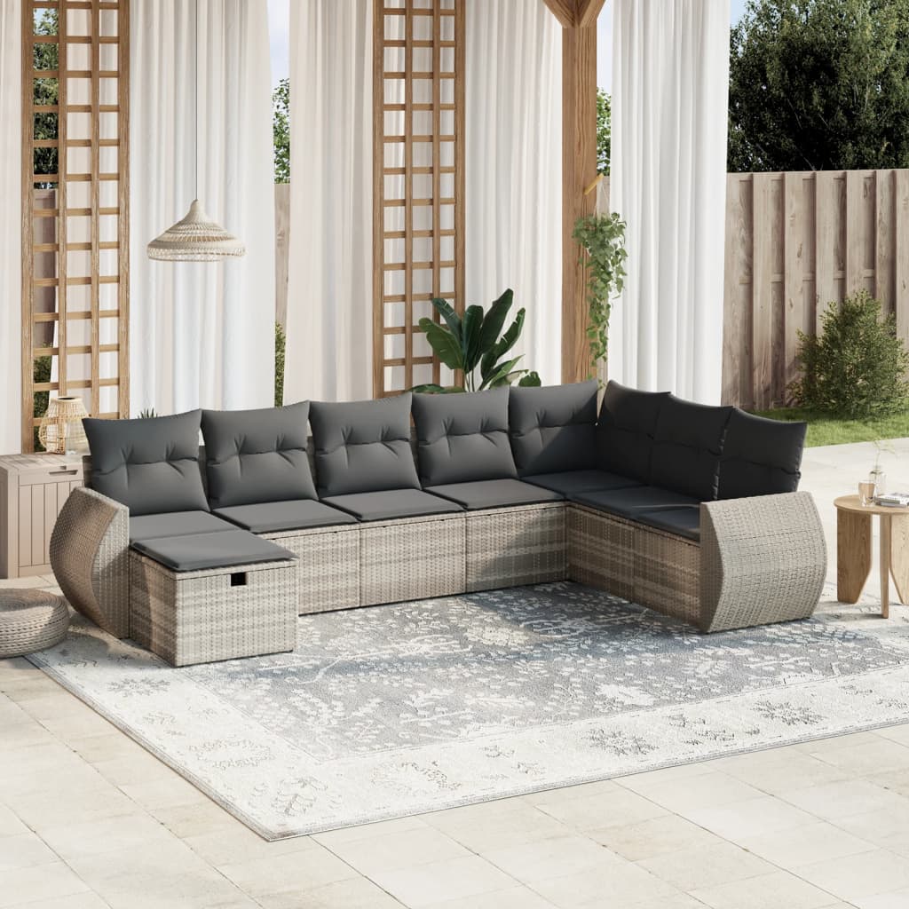 Set Divano da Giardino 8pz con Cuscini Grigio Chiaro Polyrattan