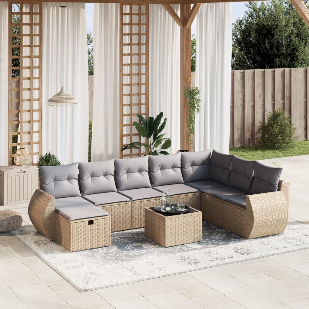 Set Divano da Giardino 9 pz con Cuscini Beige Misto Polyrattan
