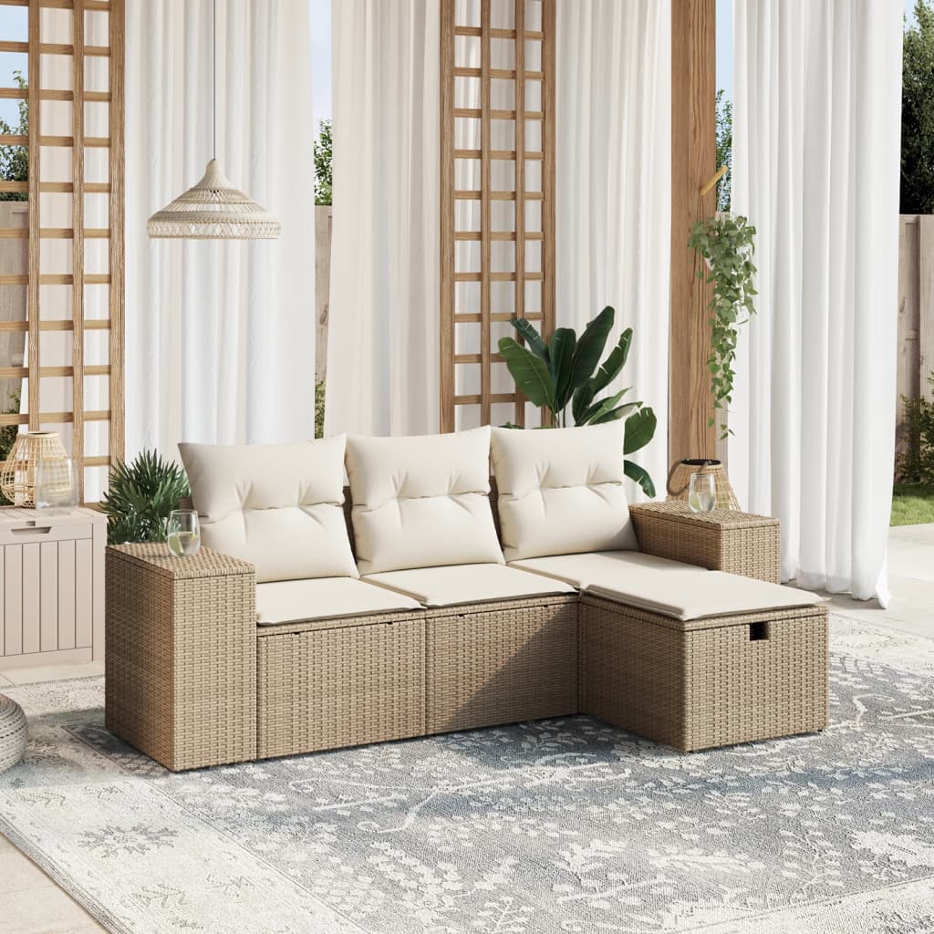 Set Divano da Giardino 4 pz con Cuscini Beige in Polyrattan