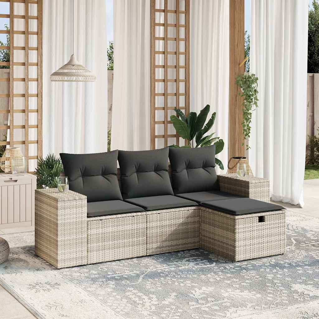 Set Divano da Giardino 4pz con Cuscini Grigio Chiaro Polyrattan