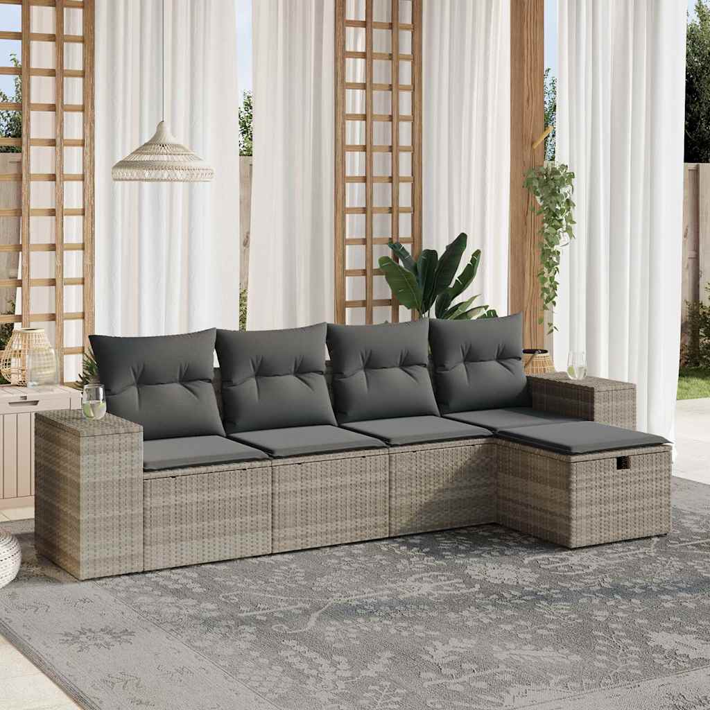 Set Divano da Giardino 5pz con Cuscini Grigio Chiaro Polyrattan
