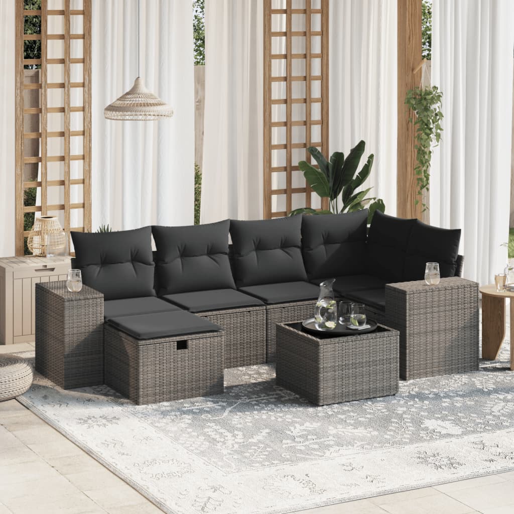 Set Divani da Giardino 7pz con Cuscini Grigio Chiaro Polyrattan