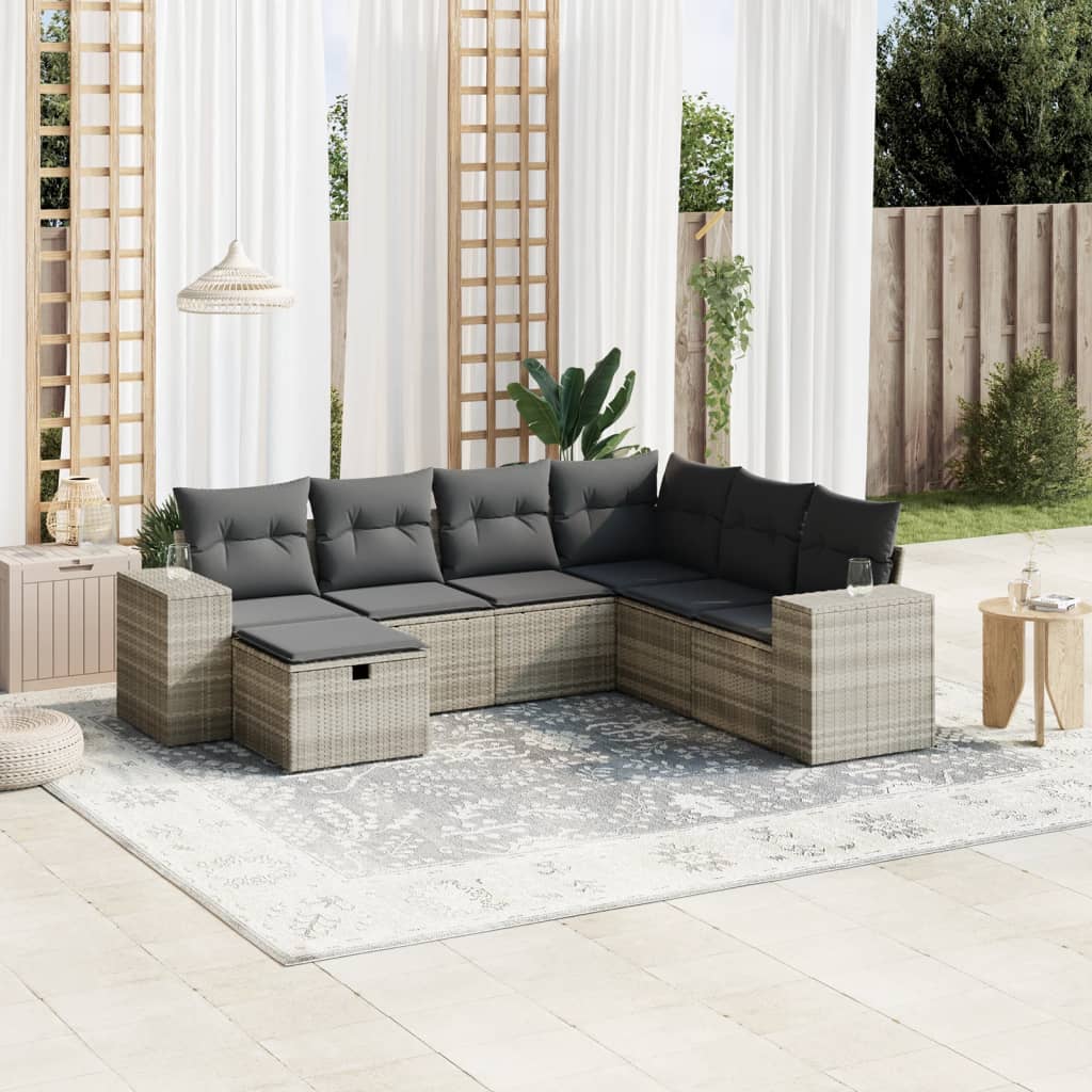 Set Divani da Giardino 7pz con Cuscini Grigio Chiaro Polyrattan