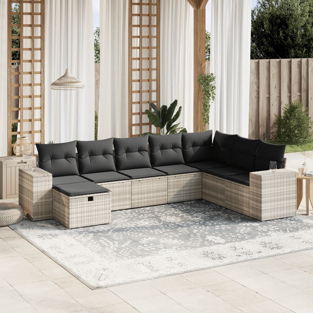Set Divano da Giardino 8pz con Cuscini Grigio Chiaro Polyrattan