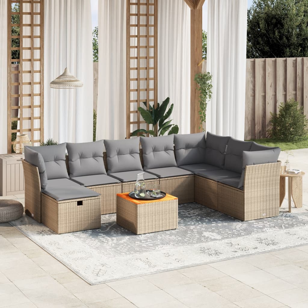 Set Divano da Giardino 9 pz con Cuscini Beige Misto Polyrattan