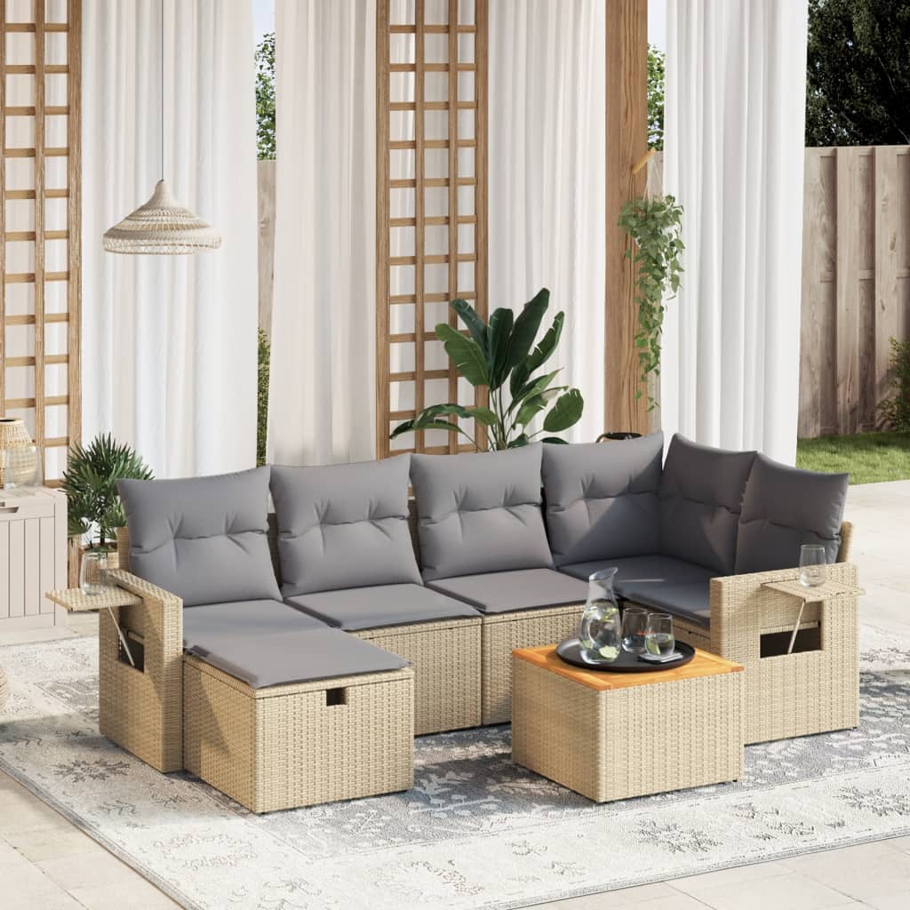 Set Divano da Giardino 7 pz con Cuscini Beige Misto Polyrattan