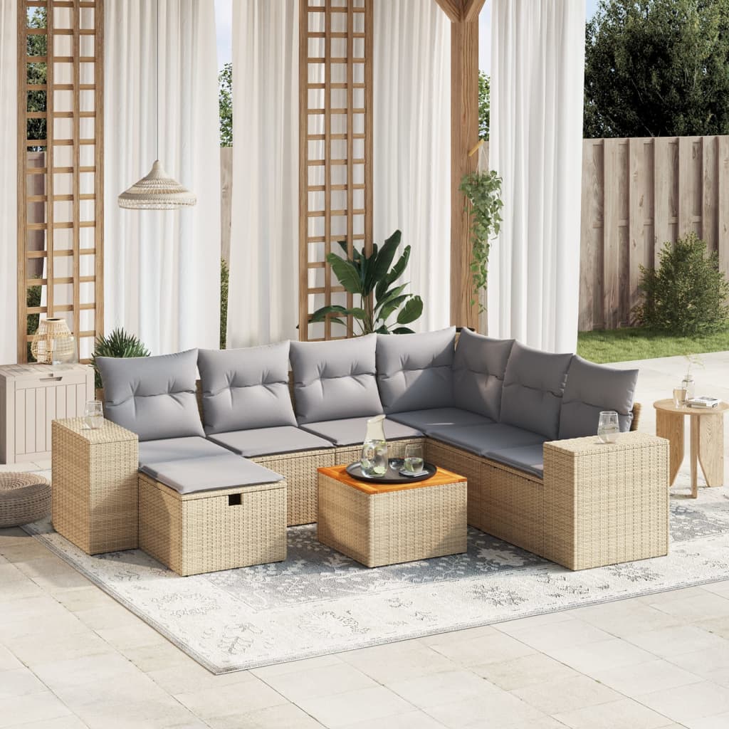 Set Divano da Giardino 8 pz con Cuscini Beige Misto Polyrattan