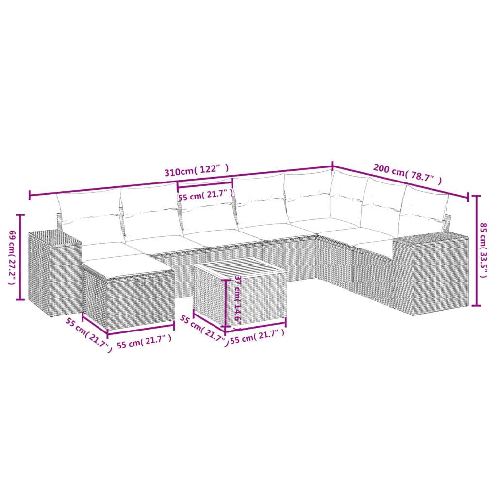 Set Divano da Giardino 9 pz con Cuscini Beige Misto Polyrattan