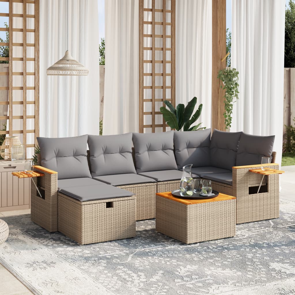 Set Divano da Giardino 7 pz con Cuscini Beige Misto Polyrattan
