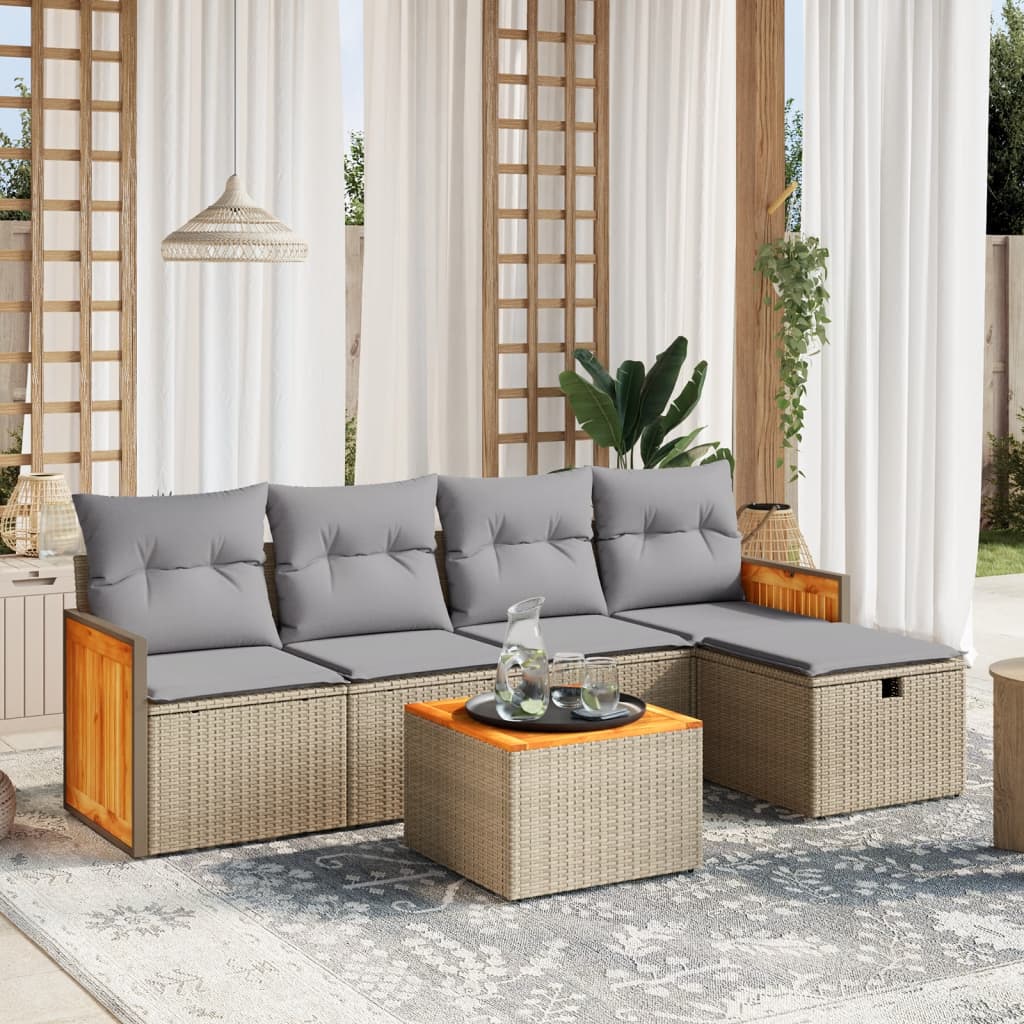 Set Divano da Giardino 6 pz con Cuscini Beige Misto Polyrattan
