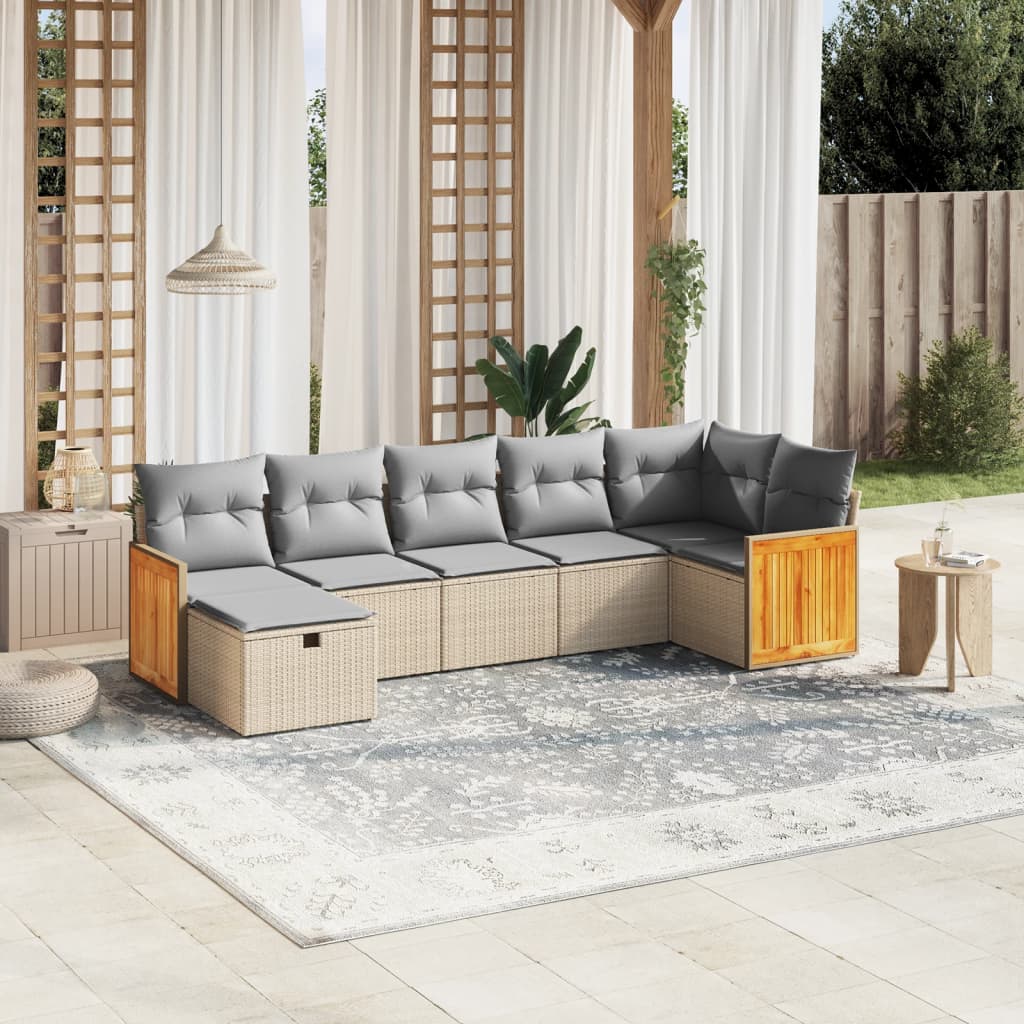 Set Divano da Giardino 7 pz con Cuscini Beige Misto Polyrattan