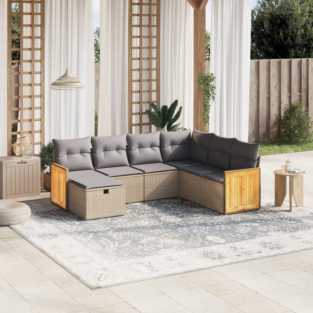 Set Divano da Giardino 7 pz con Cuscini Beige Misto Polyrattan