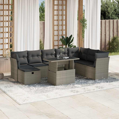 Set Divano da Giardino 9pz con Cuscini Grigio Chiaro Polyrattan