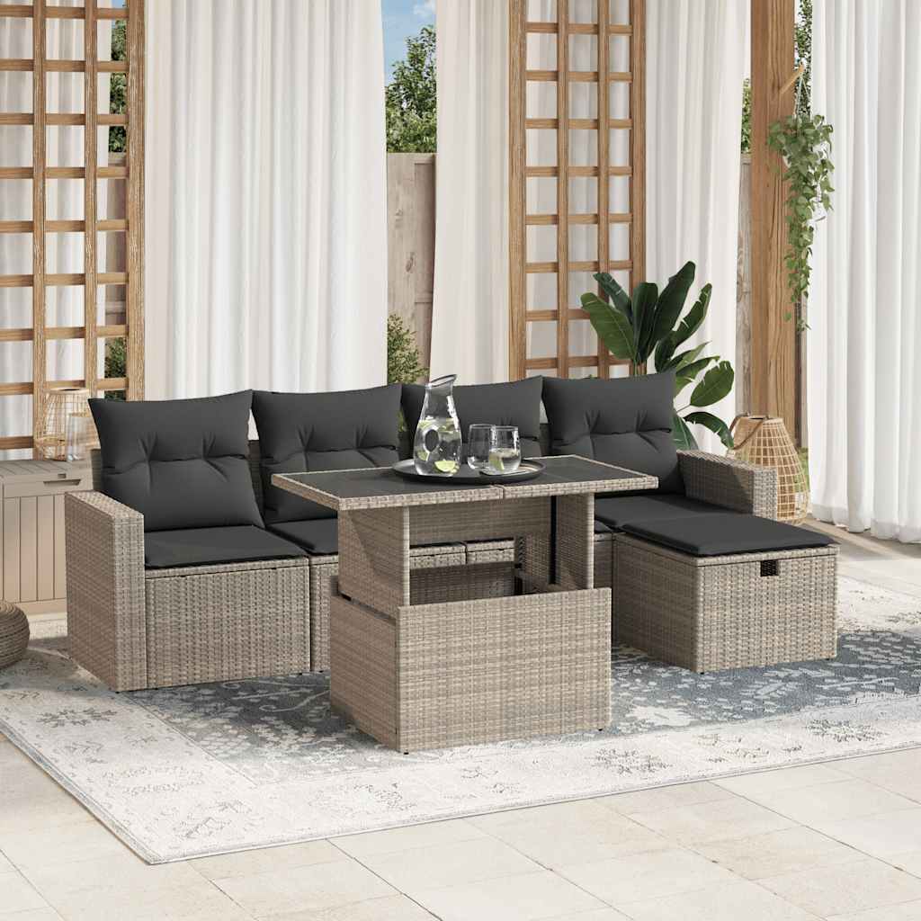 Set Divano da Giardino 6pz con Cuscini Grigio Chiaro Polyrattan