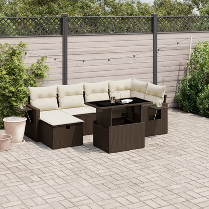 Set Divani da Giardino 7 pz con Cuscini Marrone in Polyrattan