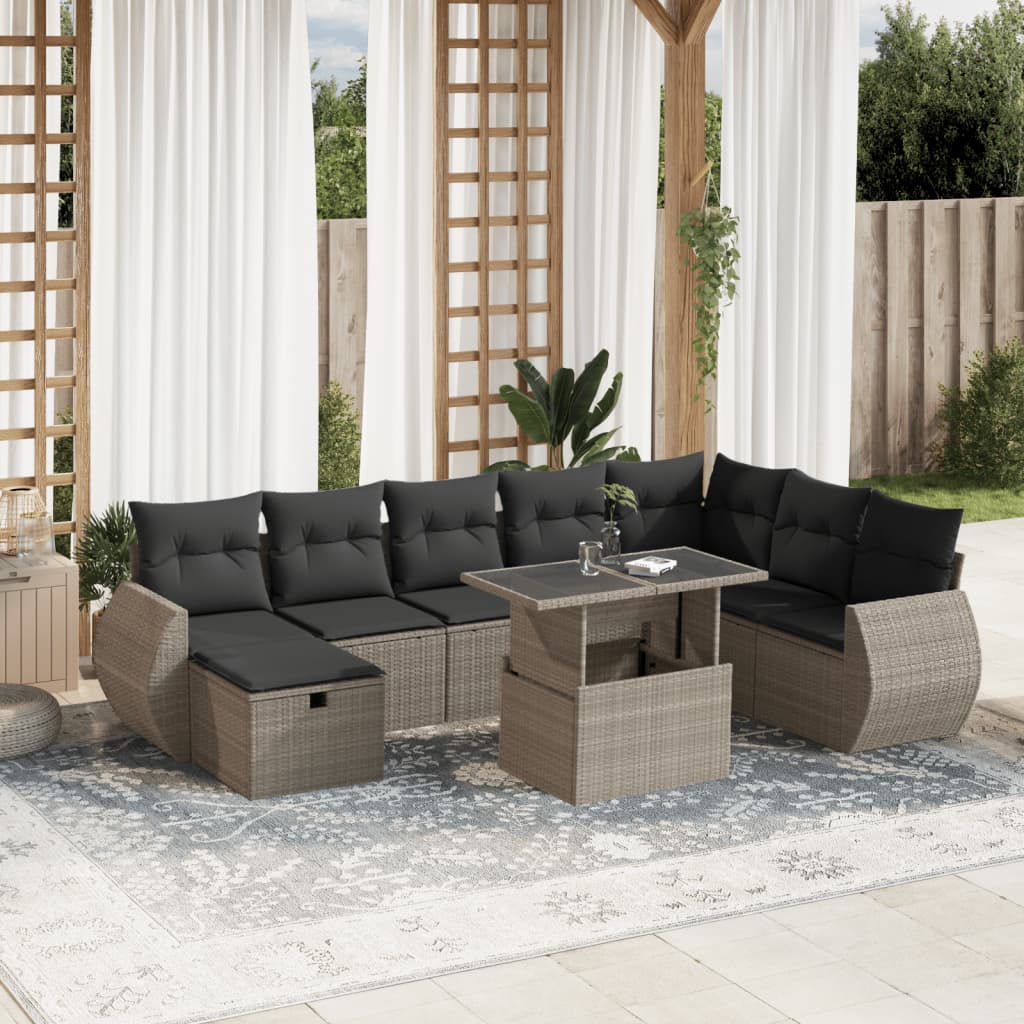 Set Divano da Giardino 9pz con Cuscini Grigio Chiaro Polyrattan
