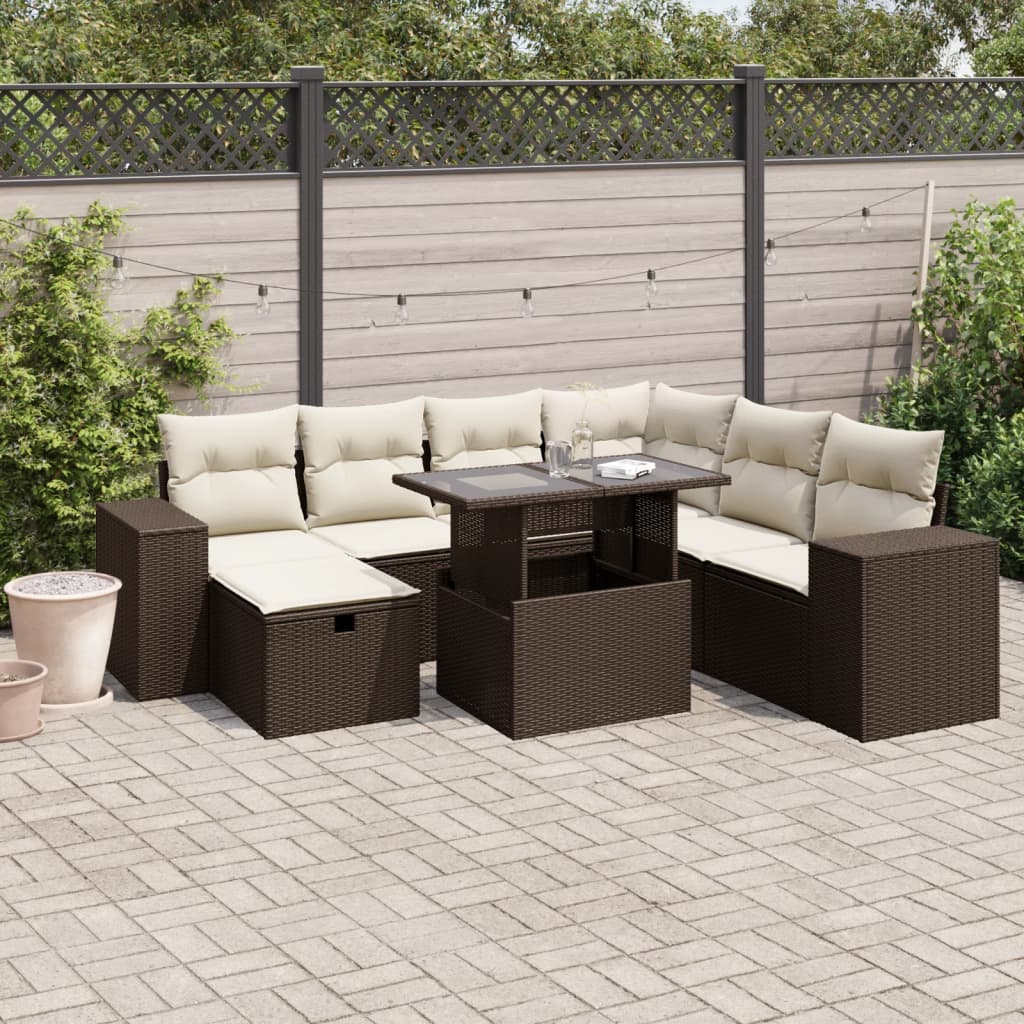 Set Divani da Giardino 8 pz con Cuscini Marrone in Polyrattan