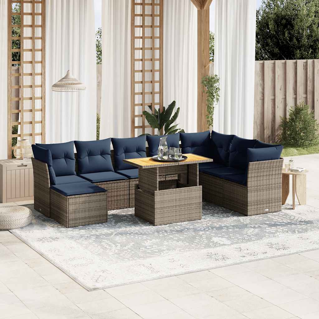 Set Divani da Giardino 9 pz con Cuscini Grigio in Polyrattan