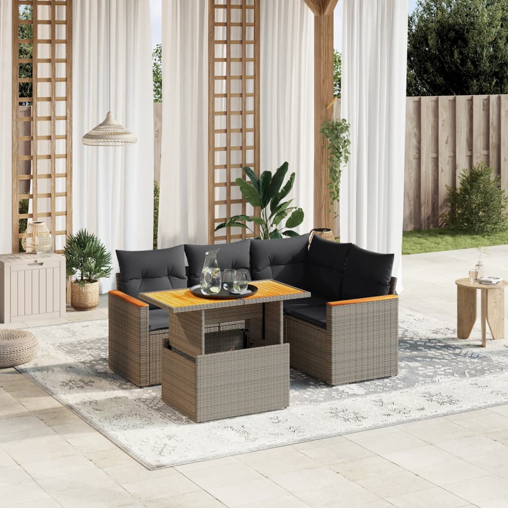 Set Divano da Giardino 5 pz con Cuscini Grigio in Polyrattan