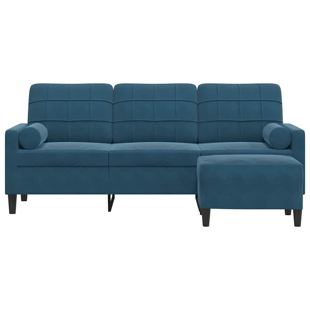 Divano a 3 Posti con Poggiapiedi Blu 180 cm in Velluto