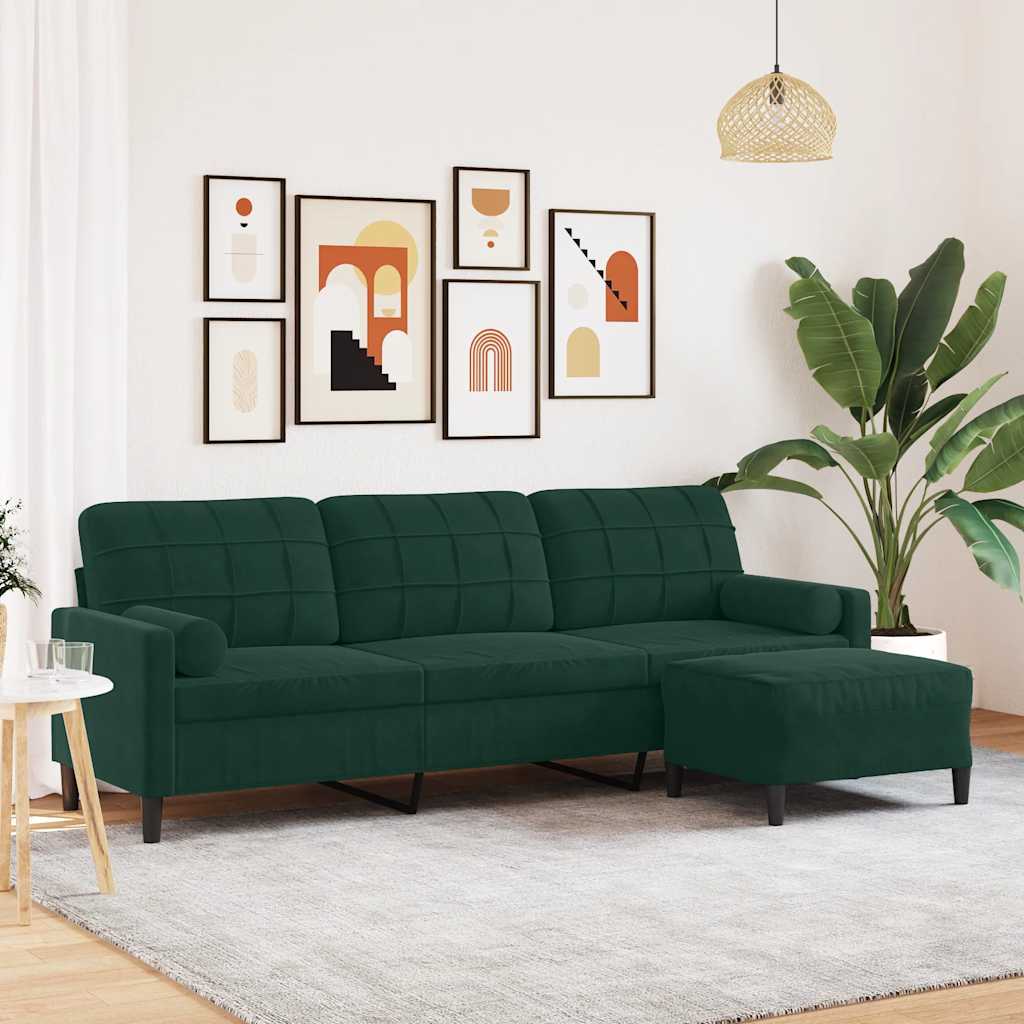 Divano a 3 Posti con Poggiapiedi Verde scuro 210cm in Velluto