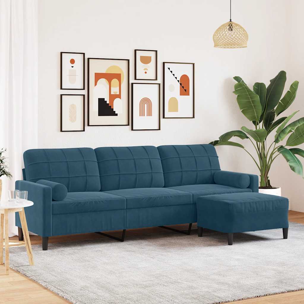Divano a 3 Posti con Poggiapiedi Blu 210cm in Velluto