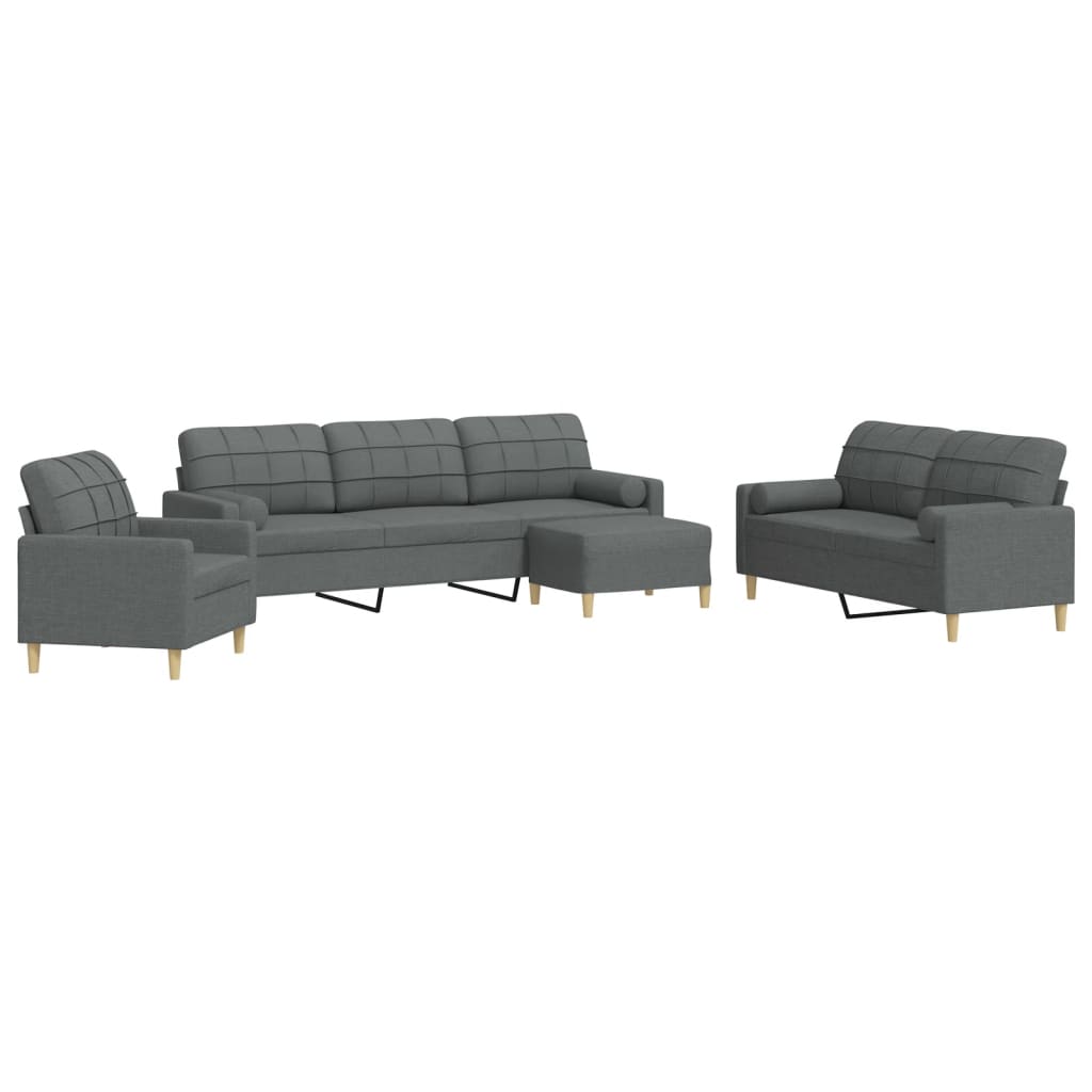 Set Divani 4 pz con Poggiapiedi e Cuscini Grigio Scuro Tessuto