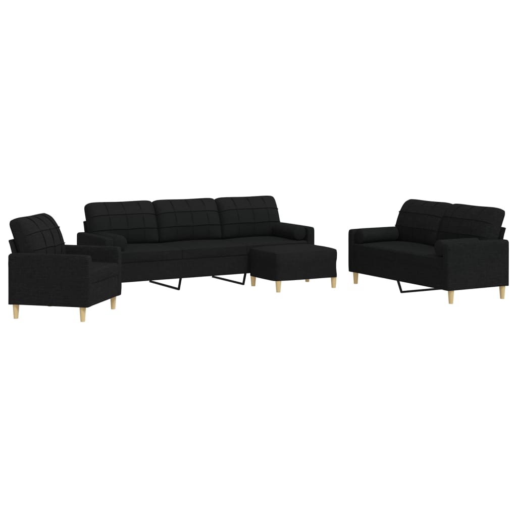 Set Divani 4 pz con Poggiapiedi e Cuscini Nero in Tessuto