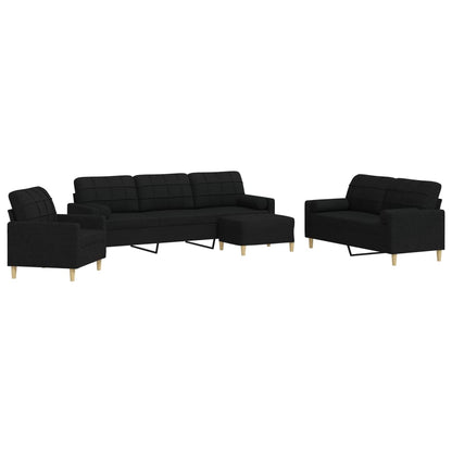 Set Divani 4 pz con Poggiapiedi e Cuscini Nero in Tessuto