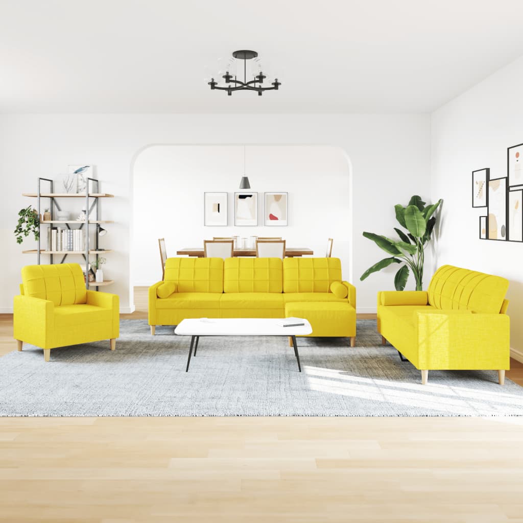 Set Divani 4 pz con Poggiapiedi e Cuscini Giallo Chiaro Tessuto